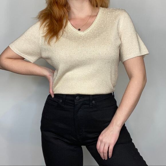 Vintage 80s Drapers & Damon’s XL Neutral Tan Sweater Tee Shirt w/ Pearl Accents - Picture 3 of 13